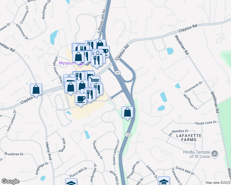 map of restaurants, bars, coffee shops, grocery stores, and more near 1006 Woods Mill Road in Chesterfield