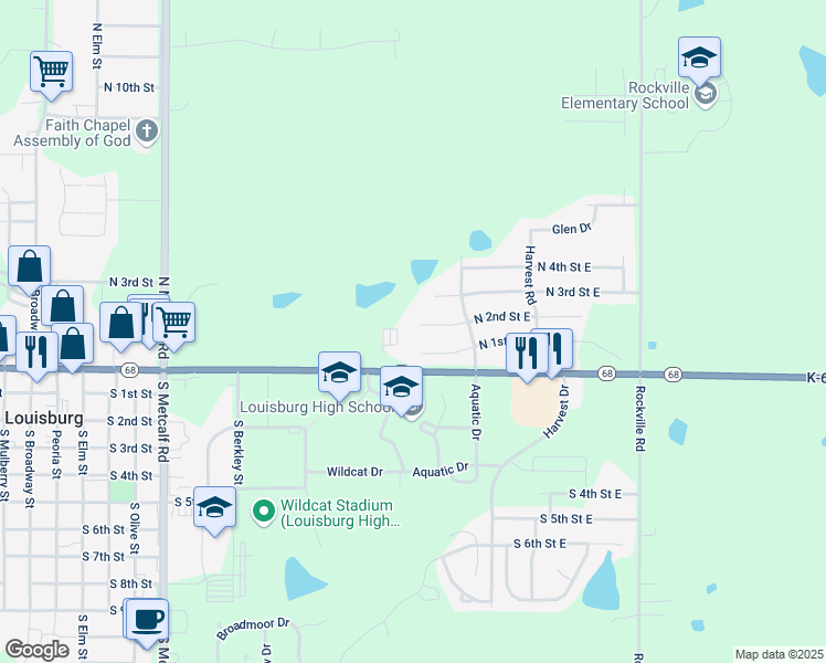 map of restaurants, bars, coffee shops, grocery stores, and more near 905 North 2nd Street East in Louisburg