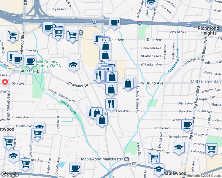 map of restaurants, bars, coffee shops, grocery stores, and more near 1801 Maplewood Commons Drive in St. Louis