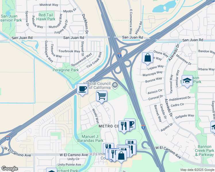 map of restaurants, bars, coffee shops, grocery stores, and more near 2860 Gateway Oaks Drive in Sacramento