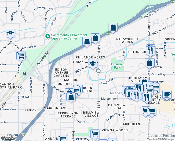 map of restaurants, bars, coffee shops, grocery stores, and more near 2228 Edison Avenue in Sacramento