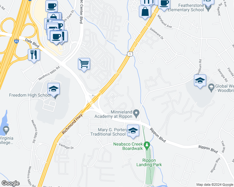 map of restaurants, bars, coffee shops, grocery stores, and more near Sentry Falls Way in Woodbridge