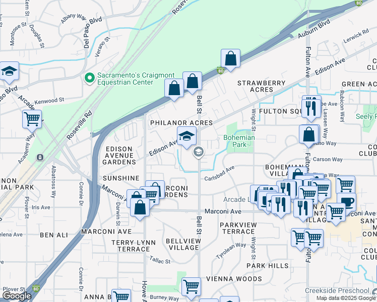 map of restaurants, bars, coffee shops, grocery stores, and more near 2236 Edison Avenue in Sacramento