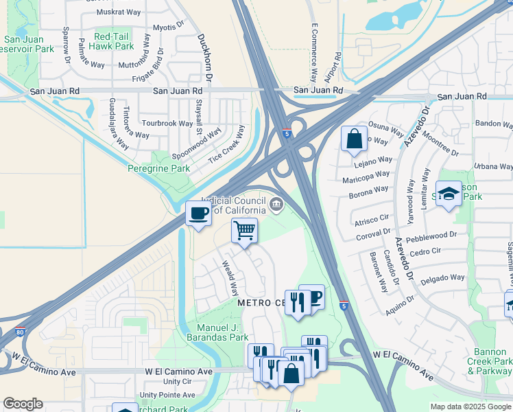 map of restaurants, bars, coffee shops, grocery stores, and more near 2860 Gateway Oaks Drive in Sacramento