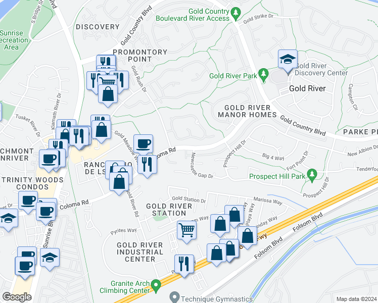 map of restaurants, bars, coffee shops, grocery stores, and more near 11394 Coloma Road in Gold River