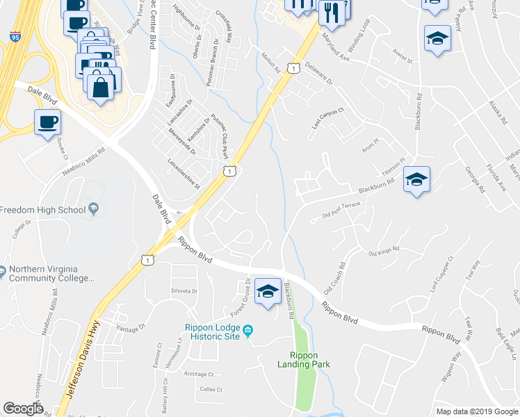 map of restaurants, bars, coffee shops, grocery stores, and more near 15227 Valley Stream Drive in Woodbridge