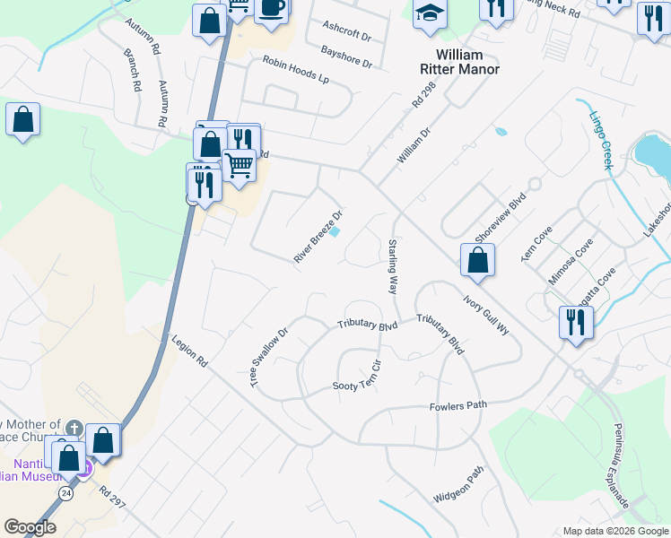 map of restaurants, bars, coffee shops, grocery stores, and more near 25315 Razorbill Court in Long Neck