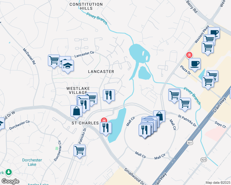 map of restaurants, bars, coffee shops, grocery stores, and more near 4065 Bluebird Drive in Waldorf