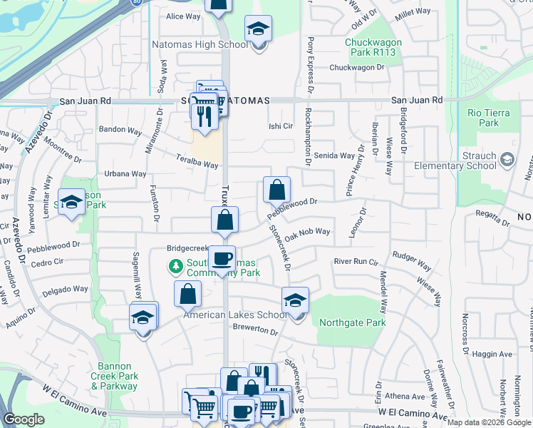 map of restaurants, bars, coffee shops, grocery stores, and more near 1485 Pebblewood Drive in Sacramento