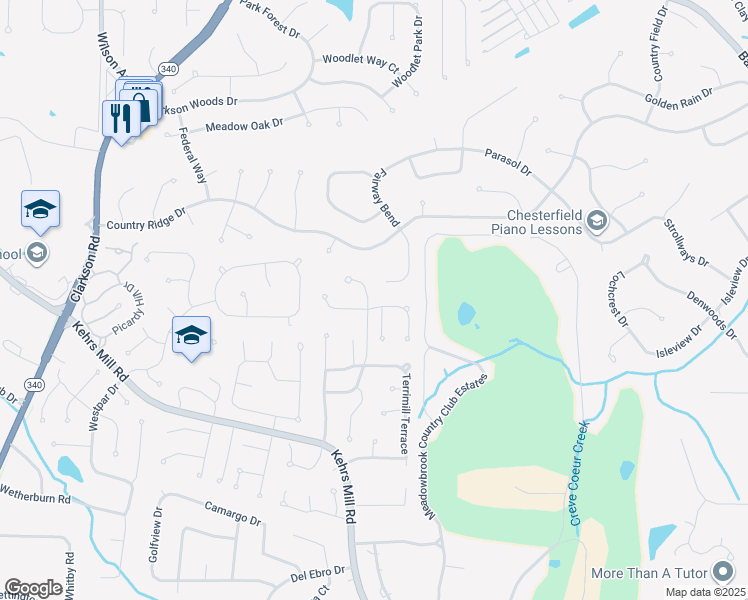 map of restaurants, bars, coffee shops, grocery stores, and more near 15591 Meadowbrook Circle Lane in Chesterfield