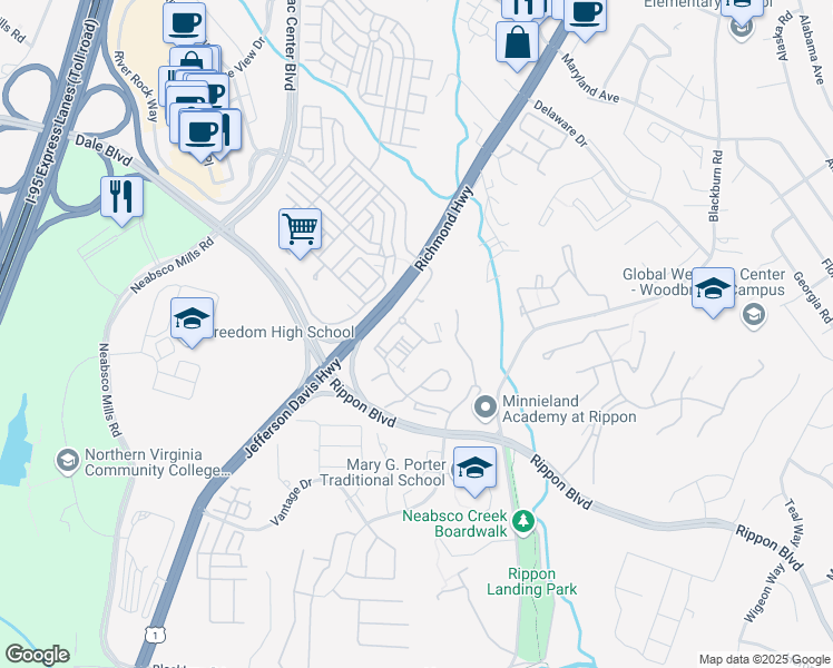 map of restaurants, bars, coffee shops, grocery stores, and more near 2150 Sentry Falls Way in Woodbridge