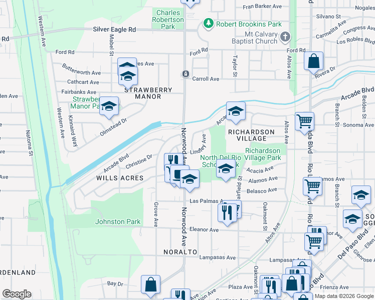 map of restaurants, bars, coffee shops, grocery stores, and more near 416 Lindley Avenue in Sacramento