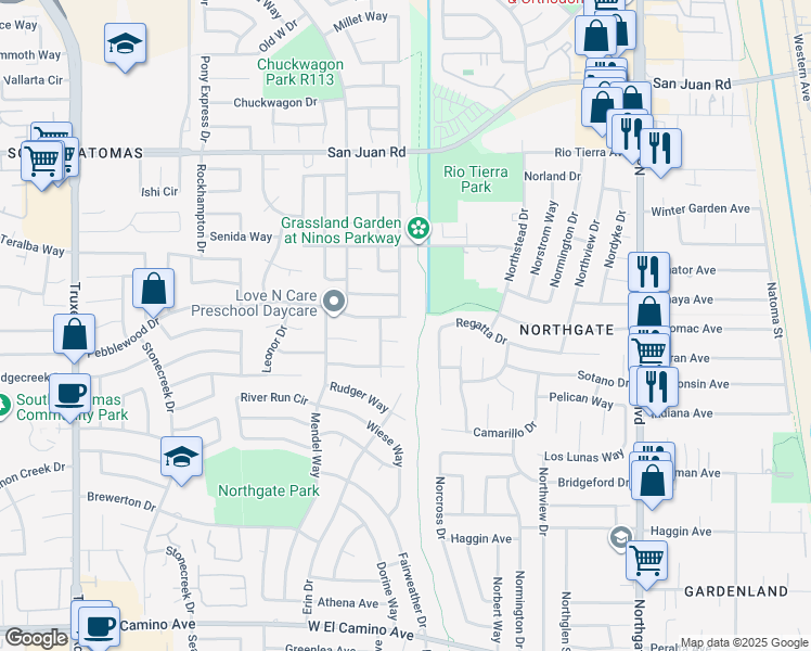 map of restaurants, bars, coffee shops, grocery stores, and more near 10 Glenda Court in Sacramento
