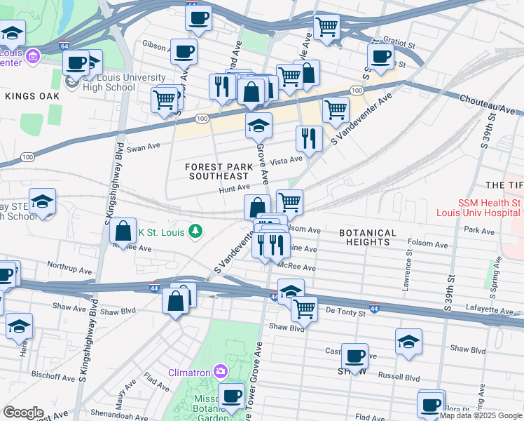 map of restaurants, bars, coffee shops, grocery stores, and more near 1501 South Vandeventer Avenue in St. Louis