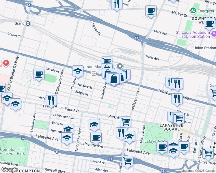 map of restaurants, bars, coffee shops, grocery stores, and more near 2752 Lasalle Street in St. Louis