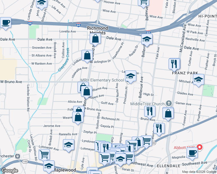 map of restaurants, bars, coffee shops, grocery stores, and more near 1736 Beulah Place in Richmond Heights