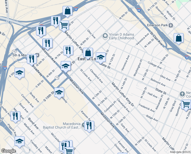 map of restaurants, bars, coffee shops, grocery stores, and more near 1136 Cleveland Avenue in East St. Louis