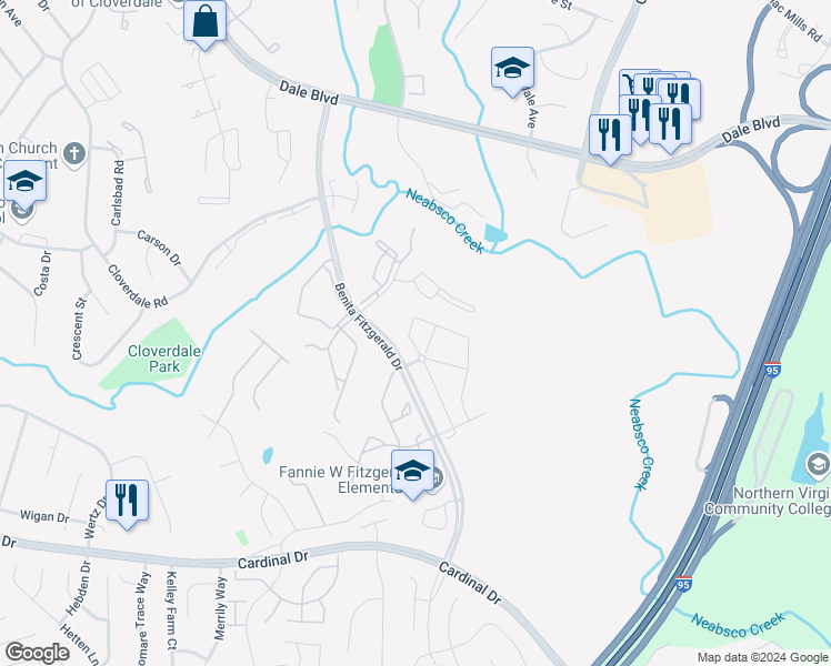 map of restaurants, bars, coffee shops, grocery stores, and more near 15331 Ballerina Loop in Woodbridge