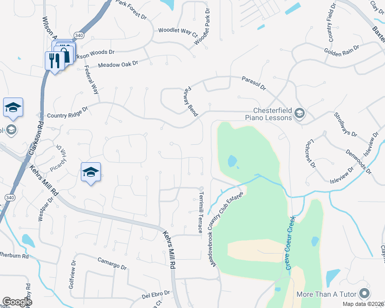 map of restaurants, bars, coffee shops, grocery stores, and more near 15591 Meadowbrook Circle Lane in Chesterfield