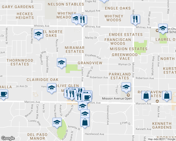 map of restaurants, bars, coffee shops, grocery stores, and more near 3111 Brophy Drive in Sacramento