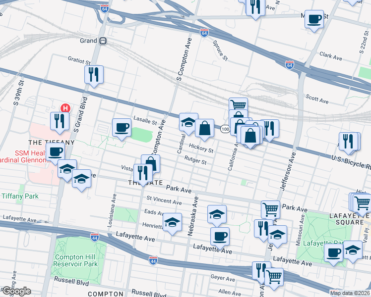 map of restaurants, bars, coffee shops, grocery stores, and more near 3028 Hickory Street in St. Louis