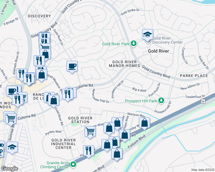 map of restaurants, bars, coffee shops, grocery stores, and more near 11434 Coloma Road in Gold River