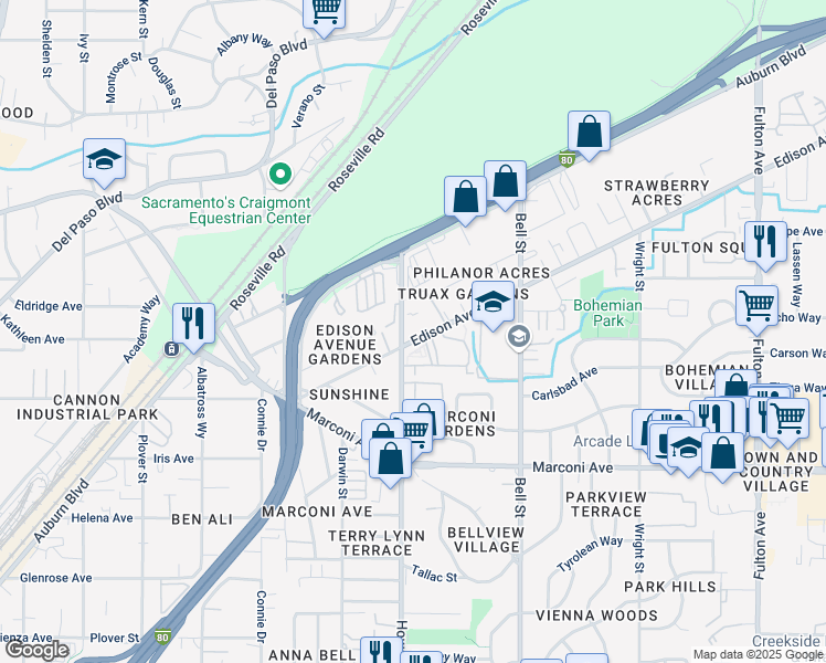 map of restaurants, bars, coffee shops, grocery stores, and more near 2223 Edison Avenue in Sacramento