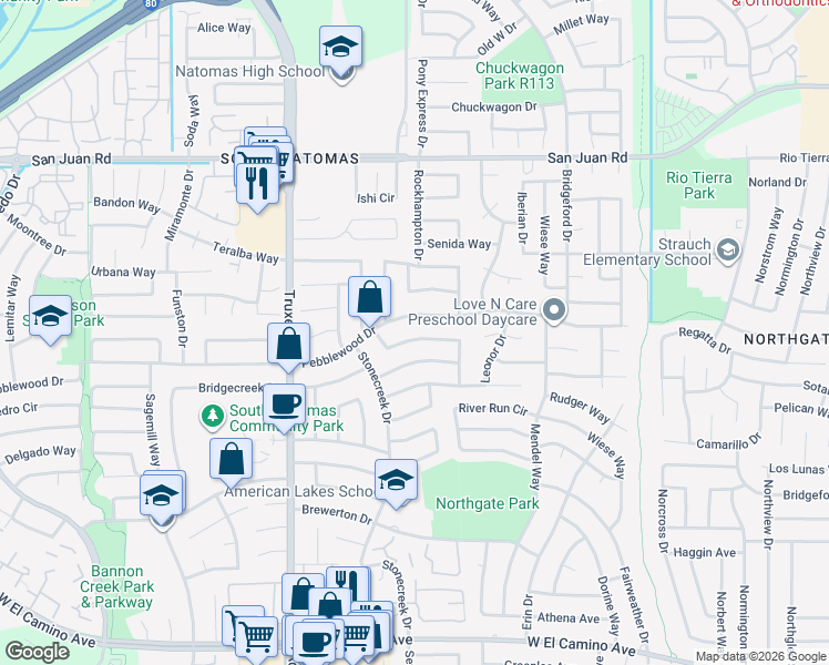map of restaurants, bars, coffee shops, grocery stores, and more near 2981 Brookstone Way in Sacramento