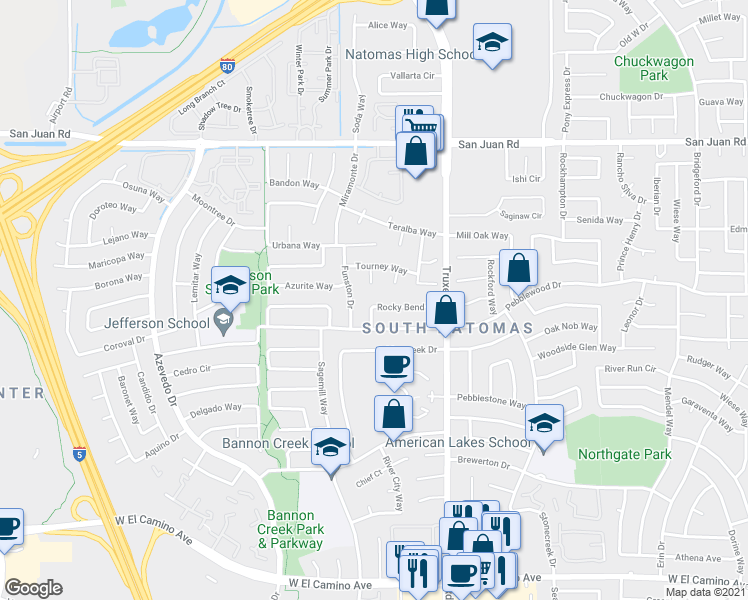 map of restaurants, bars, coffee shops, grocery stores, and more near 1723 Rocky Bend Drive in Sacramento