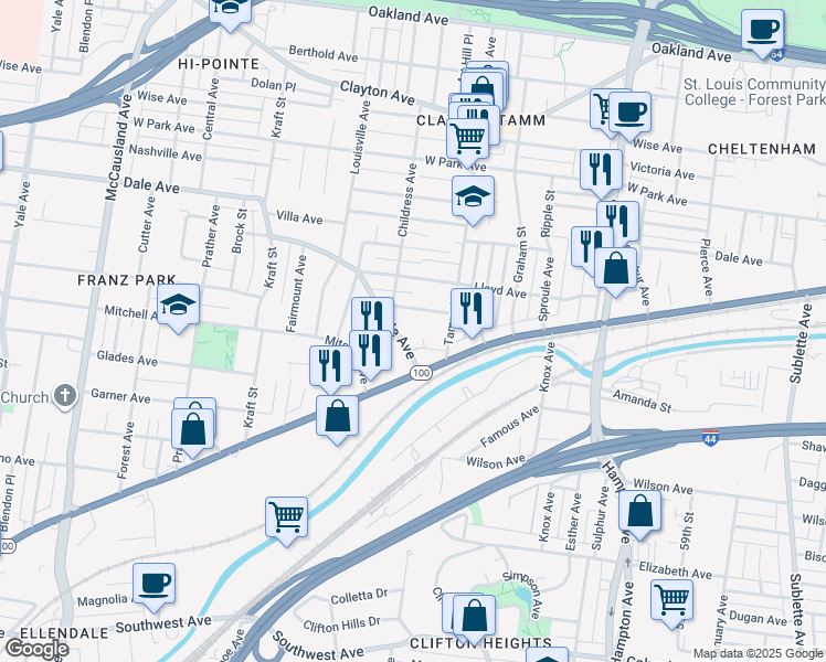 map of restaurants, bars, coffee shops, grocery stores, and more near 6433 Dale Avenue in St. Louis
