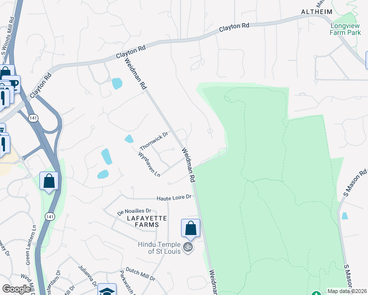 map of restaurants, bars, coffee shops, grocery stores, and more near 1393 Wakeshire Terrace in Ballwin