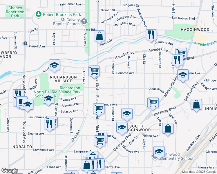 map of restaurants, bars, coffee shops, grocery stores, and more near 973 Acacia Avenue in Sacramento