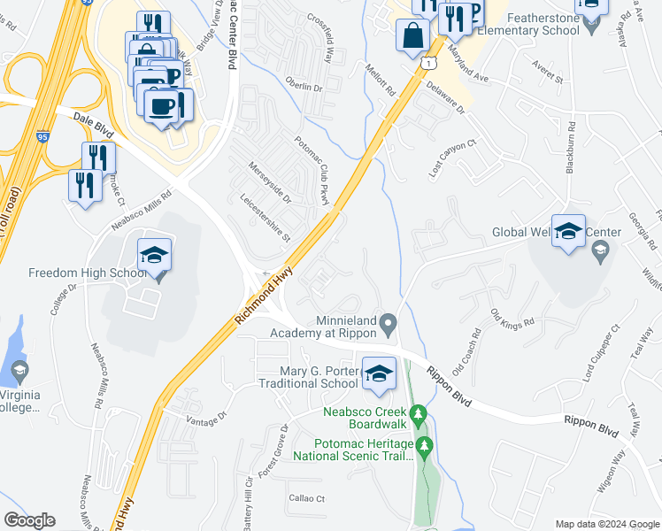map of restaurants, bars, coffee shops, grocery stores, and more near 2197 Sentry Falls Way in Woodbridge