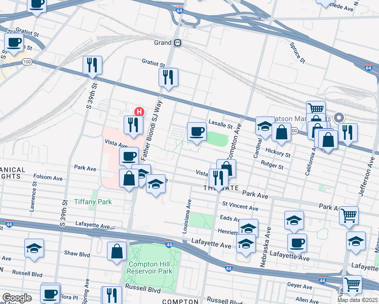 map of restaurants, bars, coffee shops, grocery stores, and more near 3401 Caroline Street in St. Louis