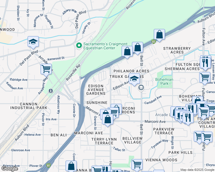 map of restaurants, bars, coffee shops, grocery stores, and more near 2121 Edison Avenue in Sacramento