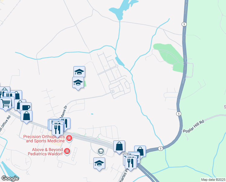 map of restaurants, bars, coffee shops, grocery stores, and more near 12330 Vivian Adams Drive in Waldorf
