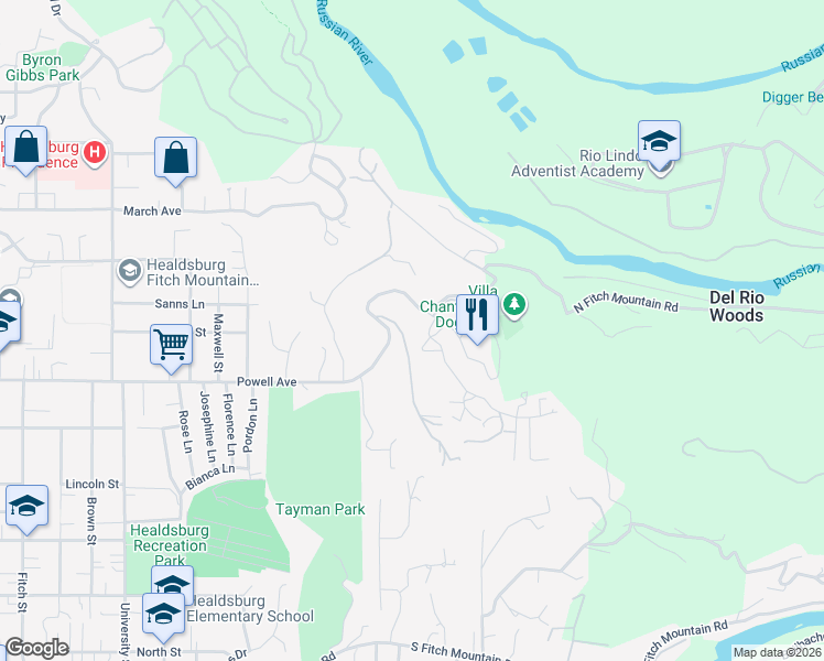map of restaurants, bars, coffee shops, grocery stores, and more near 919 Sunset Drive in Healdsburg