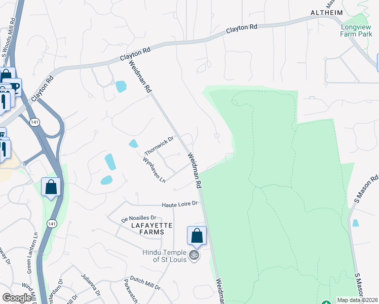 map of restaurants, bars, coffee shops, grocery stores, and more near 1393 Wakeshire Terrace in Ballwin