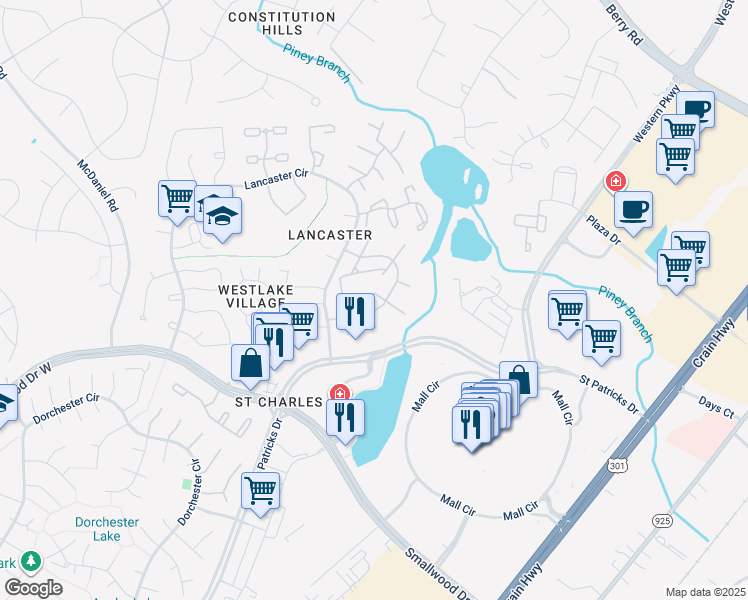 map of restaurants, bars, coffee shops, grocery stores, and more near 4065 Bluebird Drive in Waldorf