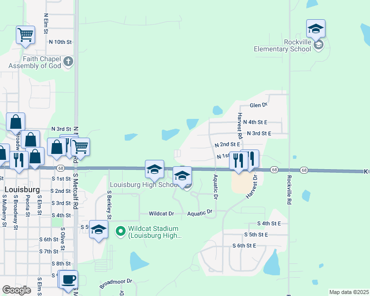 map of restaurants, bars, coffee shops, grocery stores, and more near 905 North 2nd Street East in Louisburg