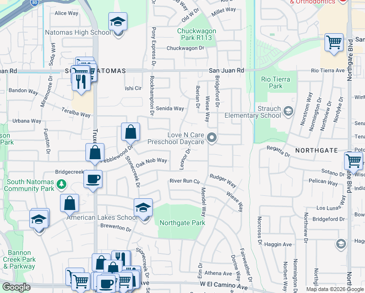 map of restaurants, bars, coffee shops, grocery stores, and more near 10 Evora Court in Sacramento