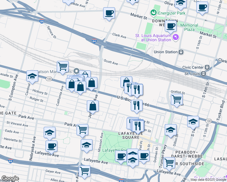 map of restaurants, bars, coffee shops, grocery stores, and more near 2201 Chouteau Avenue in St. Louis