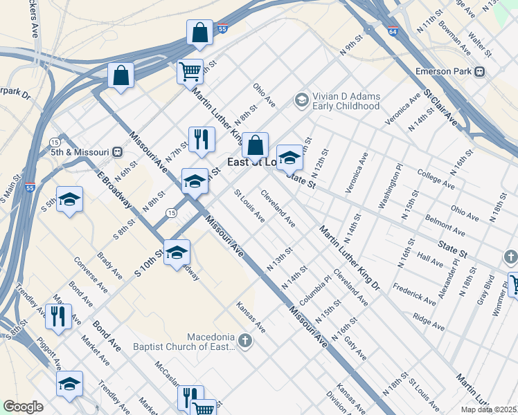 map of restaurants, bars, coffee shops, grocery stores, and more near 1136 Cleveland Avenue in East St. Louis