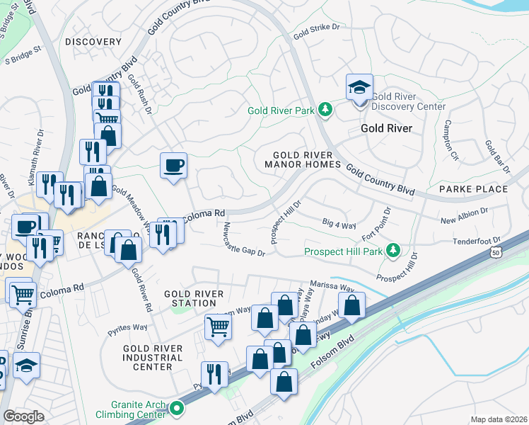map of restaurants, bars, coffee shops, grocery stores, and more near 11434 Coloma Road in Gold River