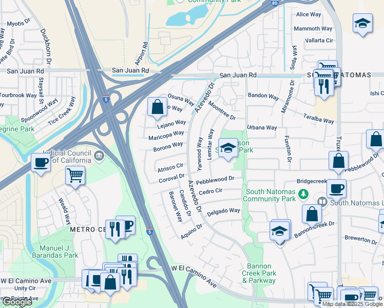 map of restaurants, bars, coffee shops, grocery stores, and more near 3020 Azevedo Drive in Sacramento