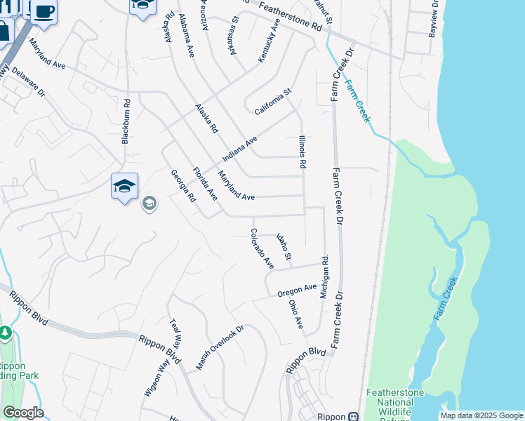 map of restaurants, bars, coffee shops, grocery stores, and more near 1418 Florida Avenue in Woodbridge