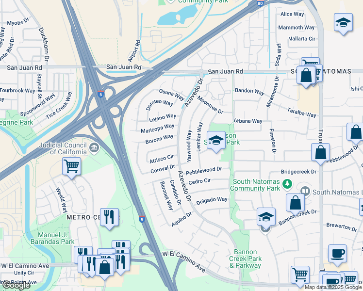 map of restaurants, bars, coffee shops, grocery stores, and more near 3020 Azevedo Drive in Sacramento