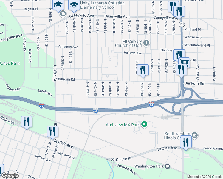map of restaurants, bars, coffee shops, grocery stores, and more near 1115 North 44th Street in East St. Louis