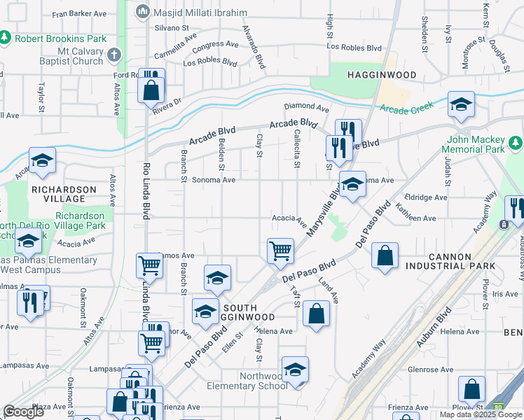 map of restaurants, bars, coffee shops, grocery stores, and more near 3036 Clay Street in Sacramento