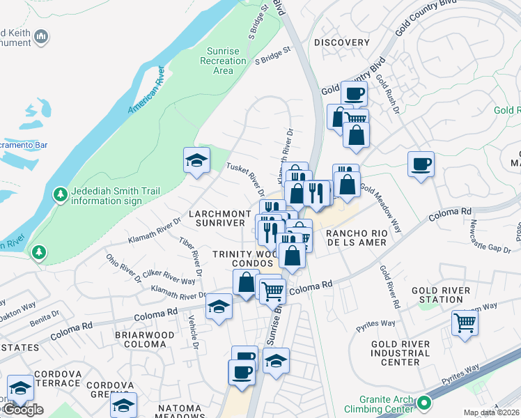 map of restaurants, bars, coffee shops, grocery stores, and more near 14 Trinity River Drive in Rancho Cordova